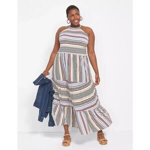 Lane Bryant Dress 14 16 Multi Stripe Tiered Maxi convertible high neck NWT sun